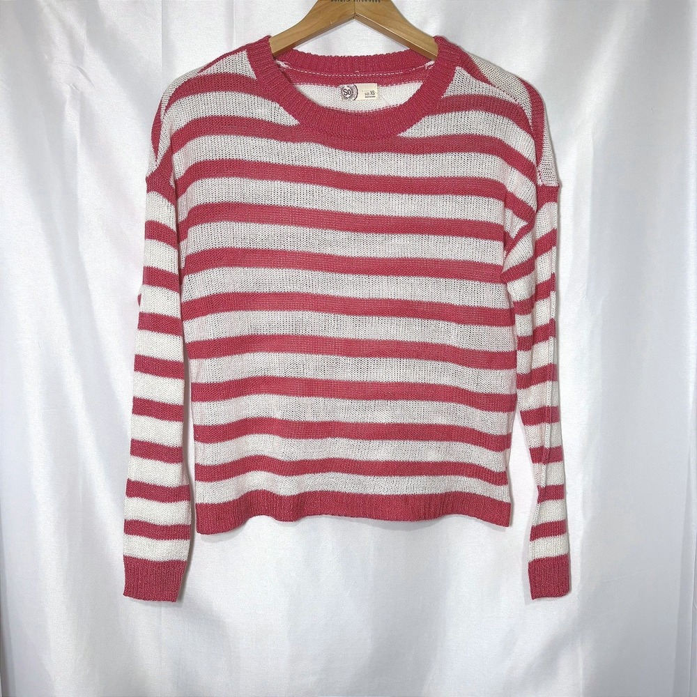 SO Heritage Striped Sweater‎ Womens XS Pink White Long Sleeve Open Knit